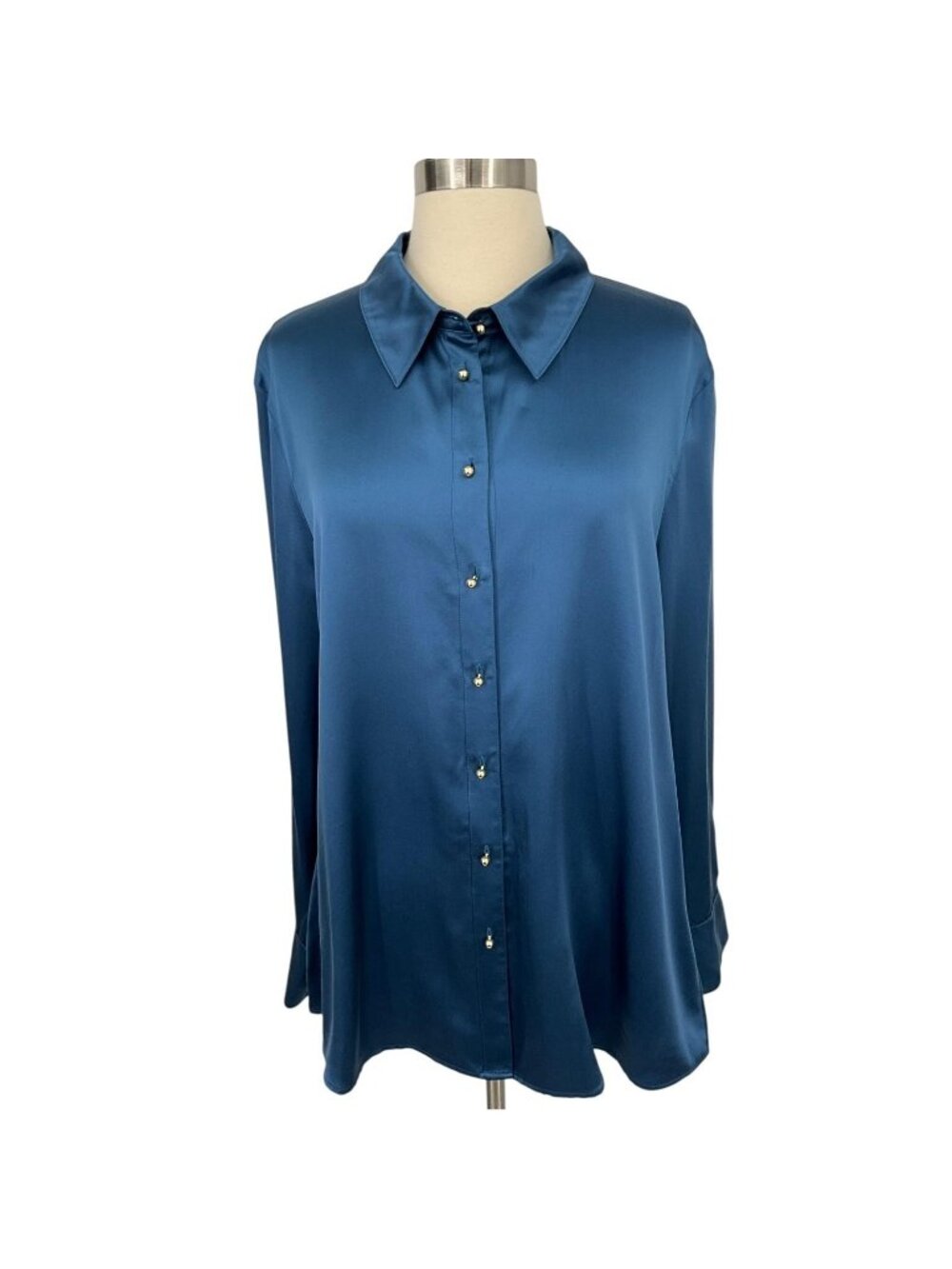 Ravella Milano Blouse Womens XL Blue 100% Silk Satin Button Long Sleeve